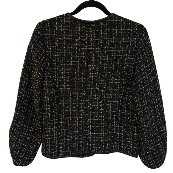 Nanette Lepore Black Gold Tweed Jacket Faux Leather Trim Buttons Sz 8 Career - Picture 10 of 11